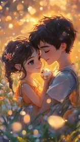 Couple Embraced in Golden Bokeh Light.