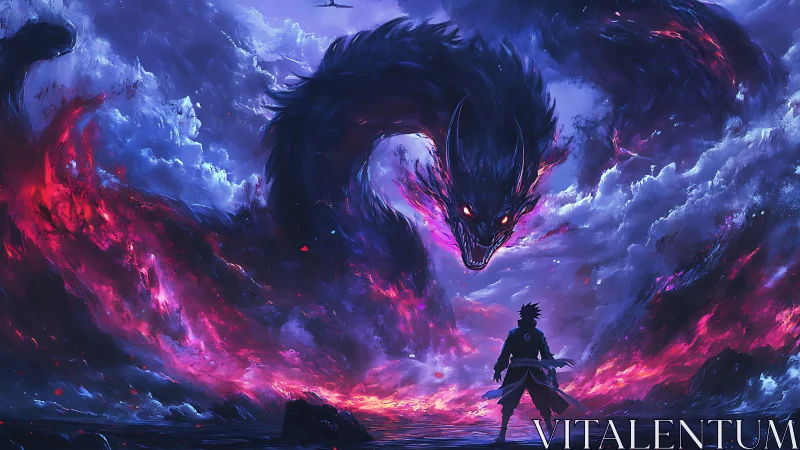 Stormlit warrior negotiates with colossal cosmic shadow serpent