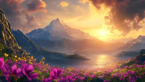 Sunset orchestra crowns a mountain above glowing flower lake