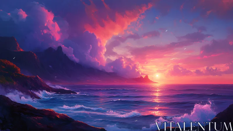Radiant coastal sunset bathing tranquil waves in glowing color.