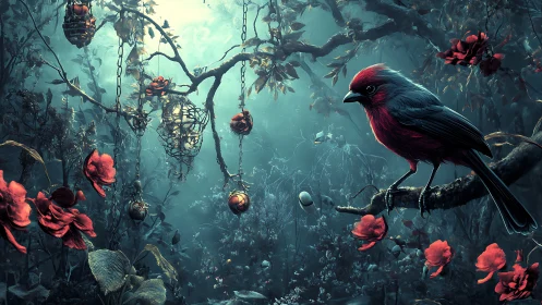 Midnight songbird in a dreamlit forest of red blooms.