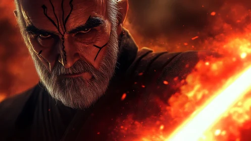 Scarred warlock glowers through a storm of molten fire.