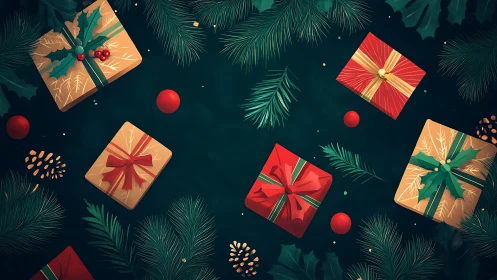 Orthogonal festive layout with pine foliage and wrapped gifts.
