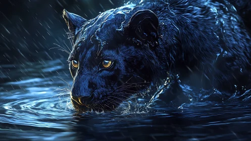 Black Panther Prowling Through Rain-Soaked Waters.