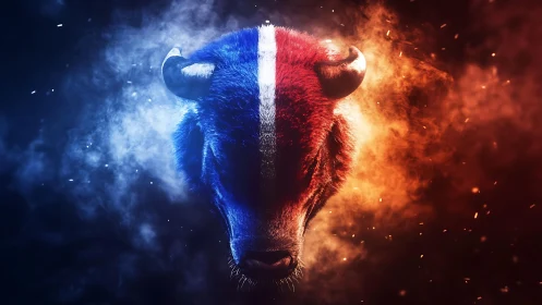 Fire and ice bison head split by white stripe in smoke.