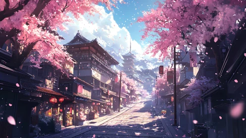 Cherry-lined slope leads toward pagoda under clear daylight