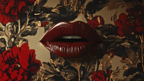 Velvet red lips floating over lush floral wallpaper.