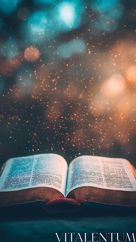 Open illuminated book glows beneath floating golden sparks