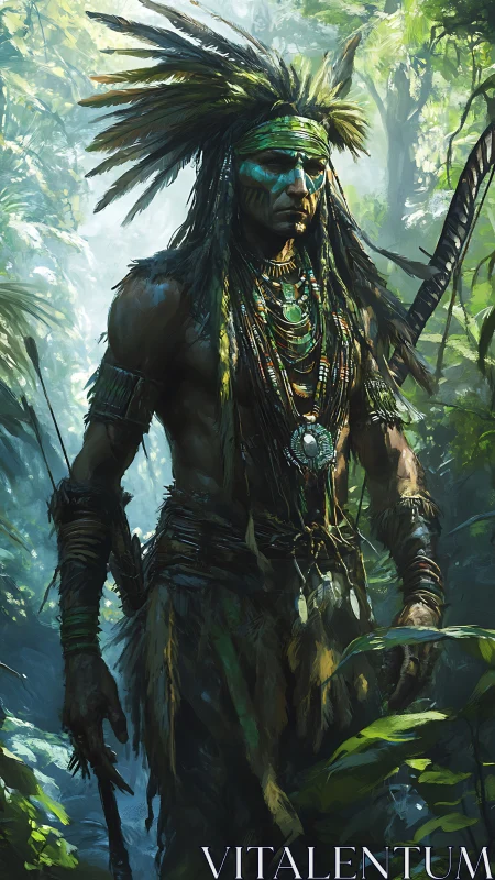 Warrior shaman strides through misty jungle in full regalia.