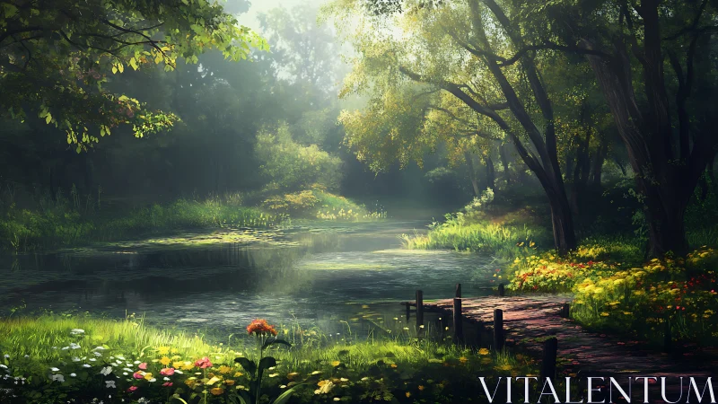 Serene Forest Pond with Wooden Dock in Lush Spring Morning Light.