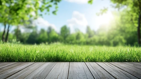 Sunny green lawn and wooden deck in a bright outdoor park.