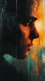 Quiet profile in rainlit window glow between night hues.