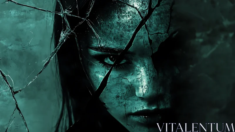 Female face emerges through cracked dark glass and shadows