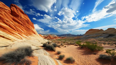 Striated red sandstone dunes under expansive desert sky.