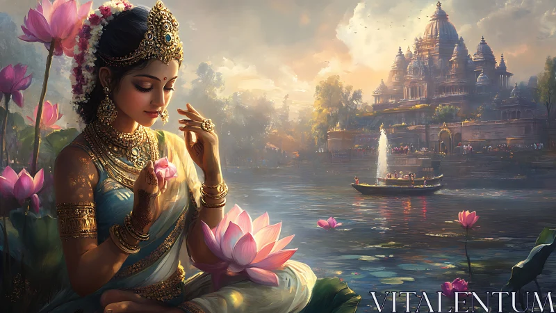 Lotus-borne goddess in jeweled serenity by temple waters.