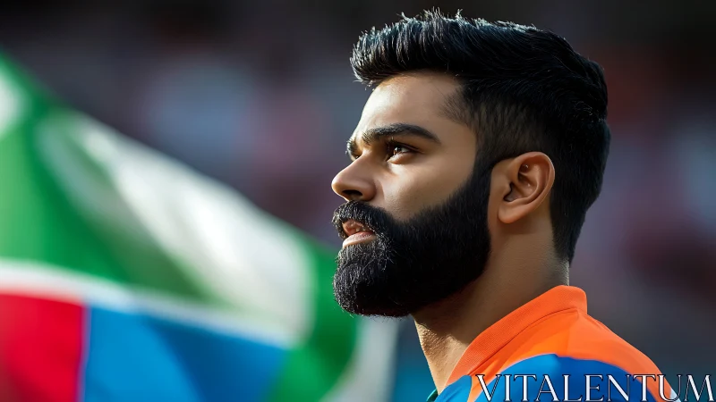 Bearded cricketer profile beside colorful stadium flag.