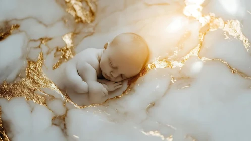Newborn figure on marble surface with gold-toned veins.