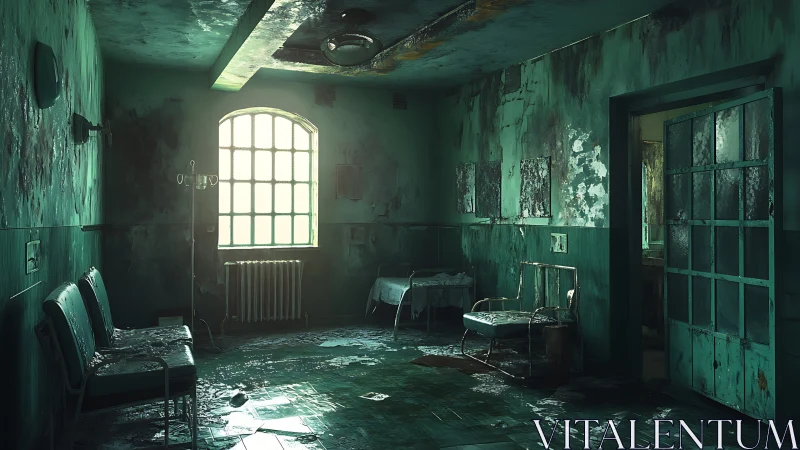 Lingering light spills into a haunting abandoned hospital room
