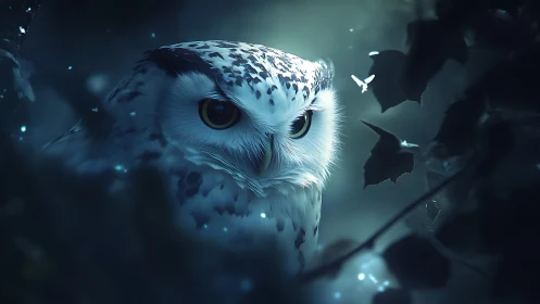 Majestic white owl in mystical forest, soft blue lighting, fantasy style.