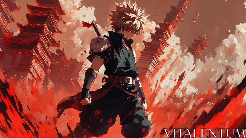 Armored anime swordsman amid red explosive abstract field.