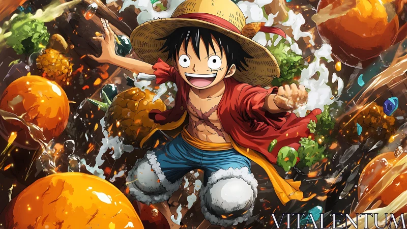 Straw hat daredevil surfs a citrus whirlpool of chaos