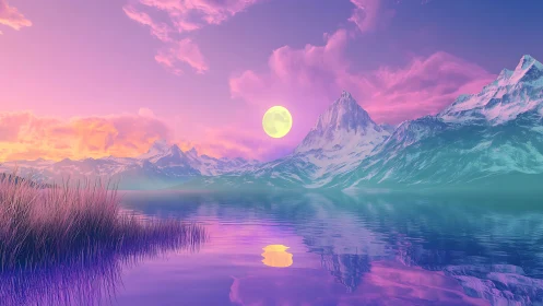 Neon moonlight bathes pastel mountains and mirrored lake.