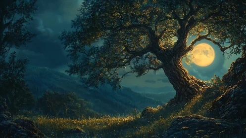 Lunar backlit oak framing atmospheric nocturnal valley vista.
