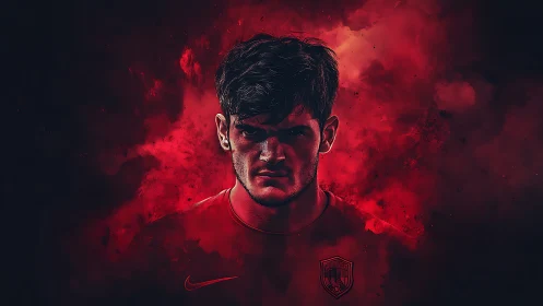 Intense football portrait emerges from red atmospheric smoke