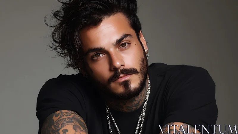 Moody tattooed man in studio portrait with soft focus lighting.
