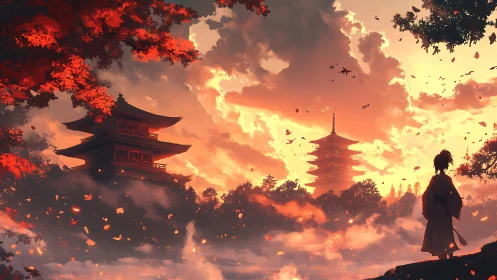 Sunset-ignited pagodas amid drifting mist and solitary samurai.