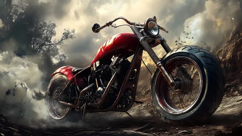 Storm-chasing crimson chopper growls across a ruined valley