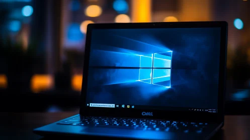 Laptop displaying Windows desktop in dim indoor environment.