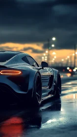 Sleek sports car on wet city street at dusk in rain.