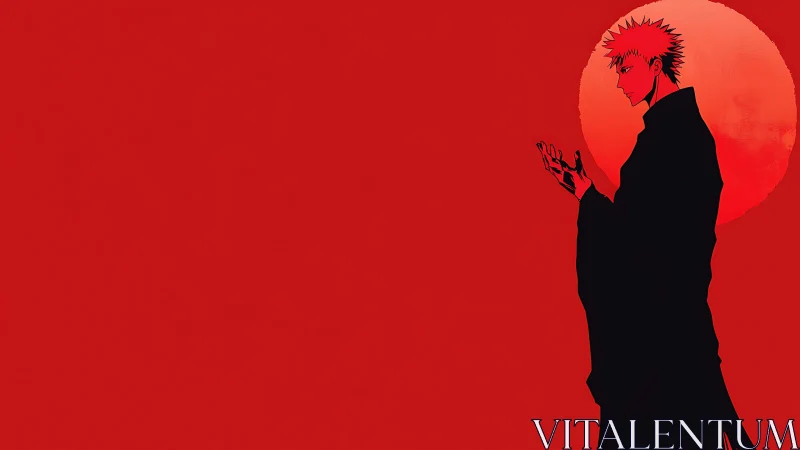 Solitary anime figure studies hand under stark red moon