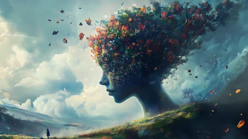 Surreal landscape profile blending tree, sky, and flowers.