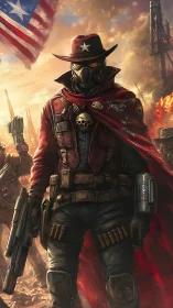Post apocalyptic gunslinger in red armor and mask stands tall.