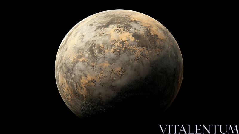 Rendered rocky planet with mottled surface on black field.
