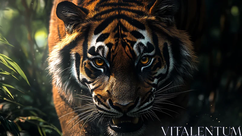 Close tiger portrait in dense jungle with intense gaze.