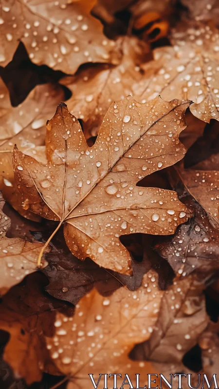 Autumn oak leaves carry rainfall droplets in shallow depth