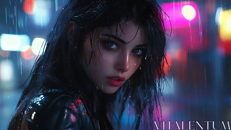 Moody neon portrait captures a lone woman in midnight rain