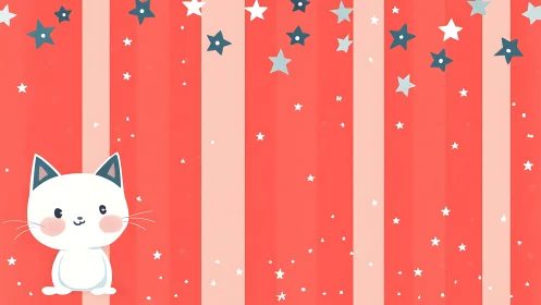 White cat figure with teal ears displayed against coral and beige striped field.