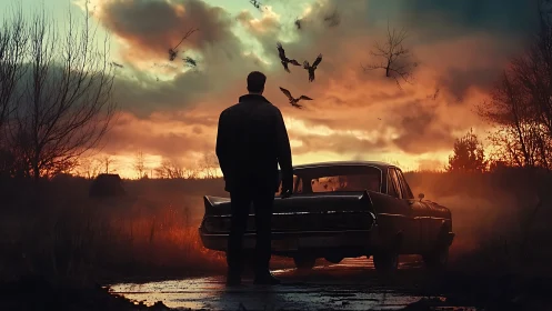 Solitary figure beside vintage car under burning sky.