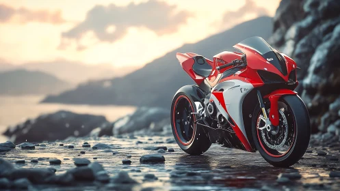 Red sports motorcycle on wet coastal mountain road at dusk.