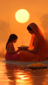 Golden river ritual shared by mother and daughter at dusk.