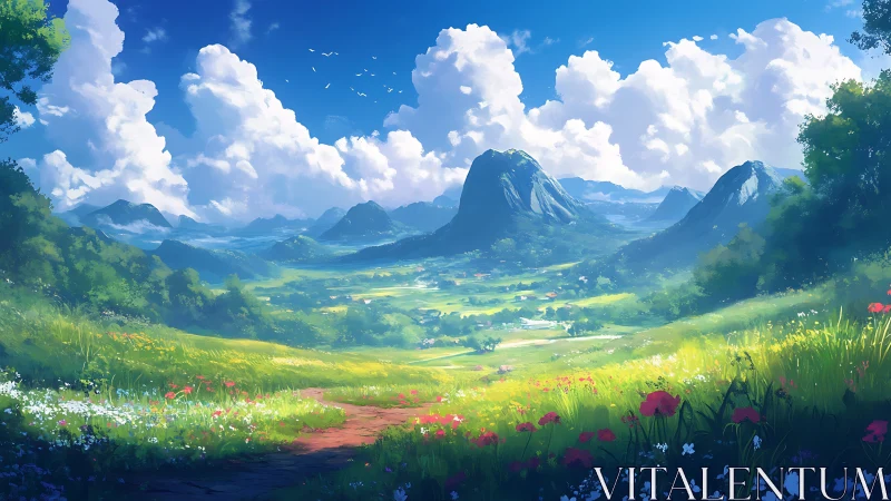 Expansive valley landscape with distant mountains and clouds.