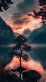 Solitary lakeside tree reflects dusk fire across still water