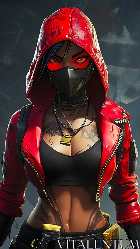 Hooded masked woman stands in red jacket and tactical gear