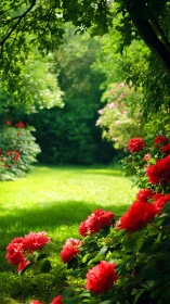 Crimson Blooms Dance Through Verdant Garden Archway.