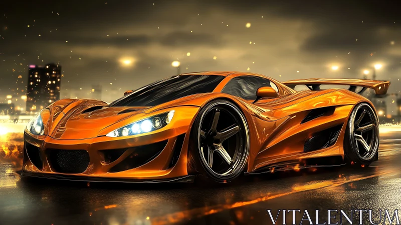 Orange hypercar on wet neon city street at nightfall.