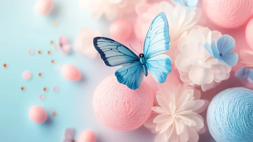Blue butterfly on pastel yarn balls and soft flowers.